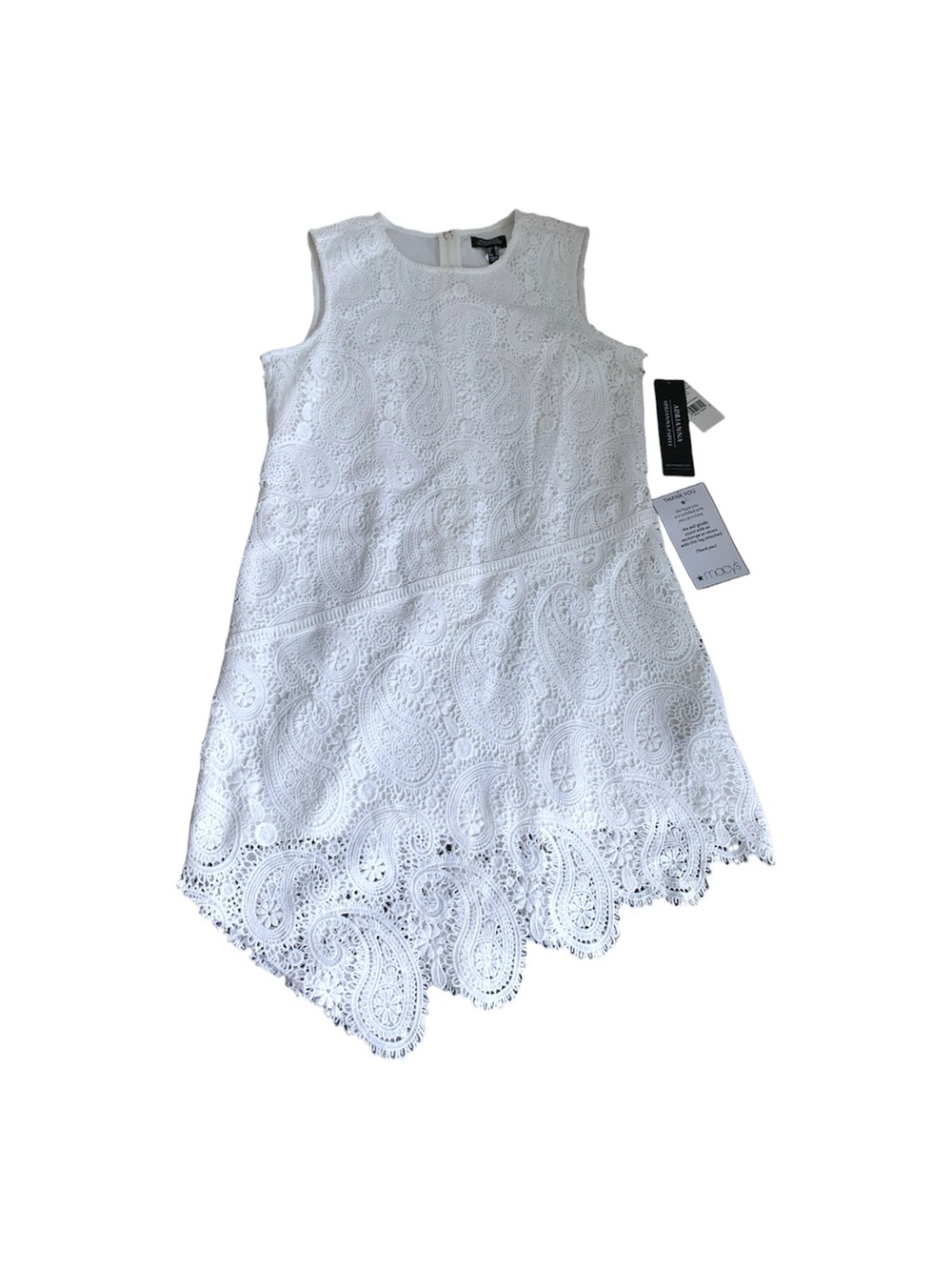 Adrianna Papell White Lace Sheath Asymmetric Hem Dress Womans Size 8 Ivory White